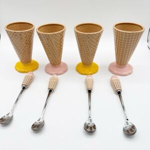 Vintage Japan Waffle Ice Cream Cone Cups Ceramic Matching Spoons Set of 4